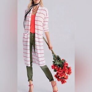 CABI STROLL CARDIGAN SWEATER WHITE ORANGE STRIPE OPEN FRONT LONG DUSTER SZ SMALL